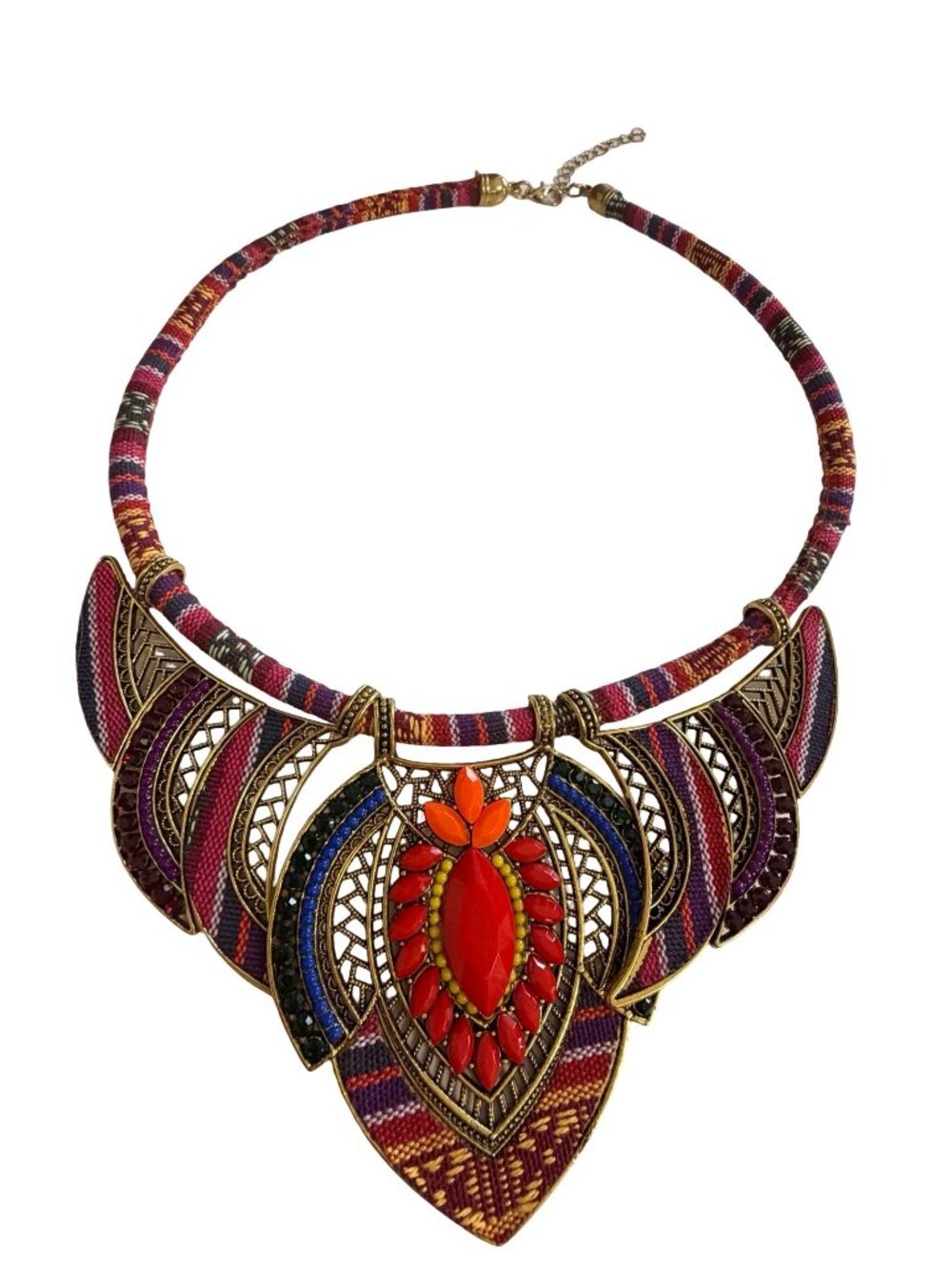 Boho Tribal Inspired Statement Bib Necklace Multicolor Fabric Rhinestone 14"